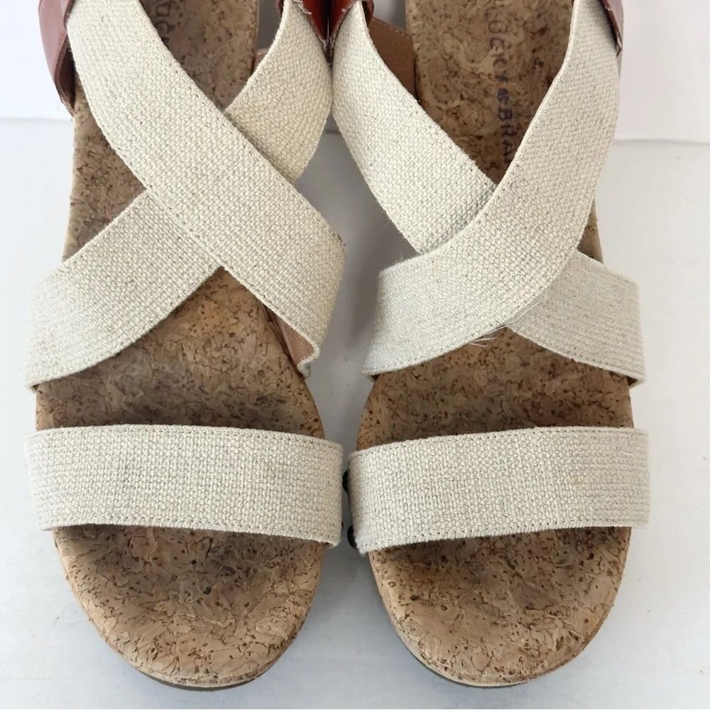 Lucky Brand Marla Cork Wedge Sandals Beige Tan Shoes Elastic Back Size 9 Boho